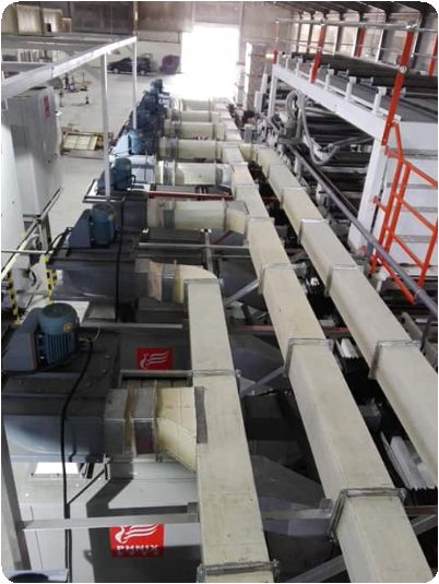 Installed duct run suspended from hangers